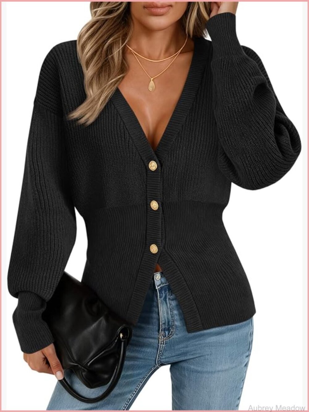 Open Front Chunky Cardigan V Neck Knit Sweater Lantern Sleeve